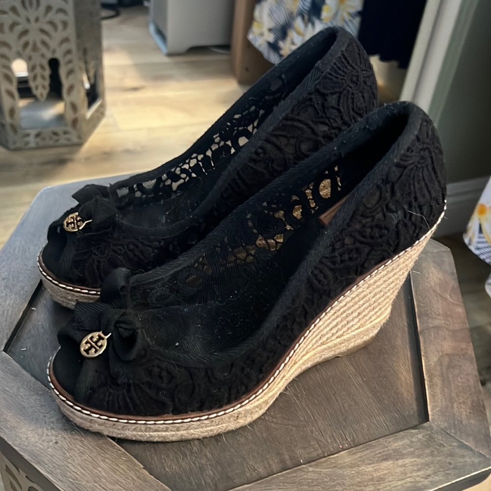 Tory Burch, black lace wedge espadrilles, size 38.5